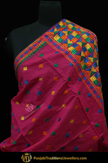 Pink Color Pure Phulkari Dupatta By Punjabi Traditional Jewellery